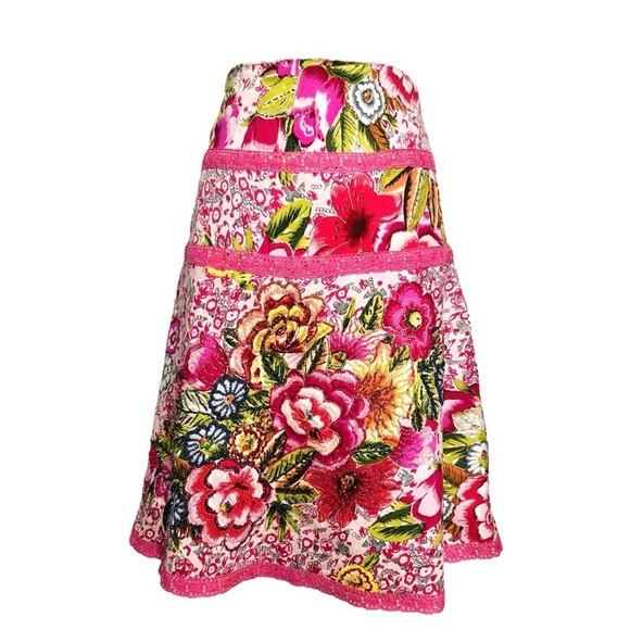 Vintage Fairycore Skirt Pink Green Floral Beaded Lace Boho A-Line Dolce - Picture 2 of 8